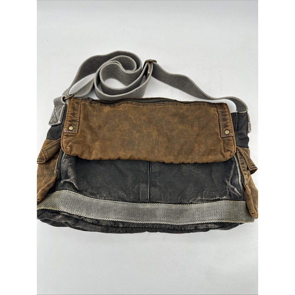 Bed Stu Hawkeye Messenger Bag Distressed Waxed Canvas Leather Brown Charcoal
